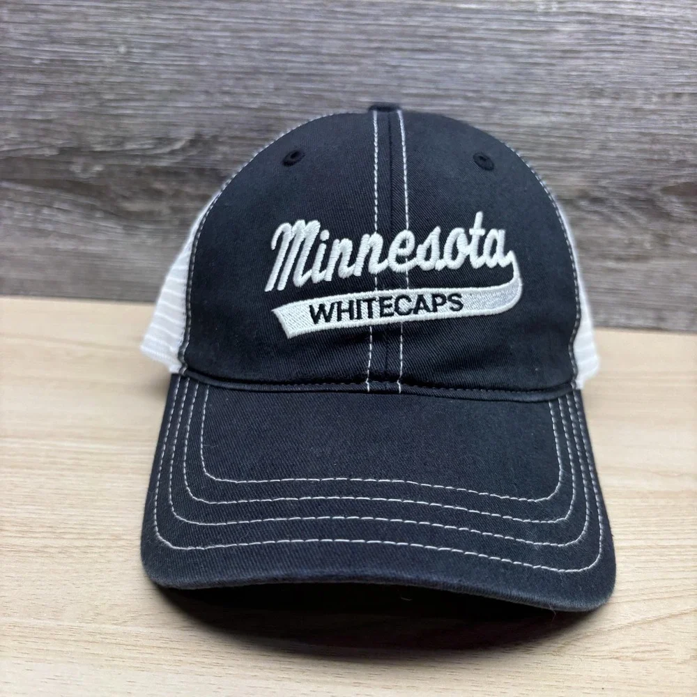 Minnesota Whitecaps Hat Cap Snap Back Mens Black White Hockey Trucker‎ Mesh